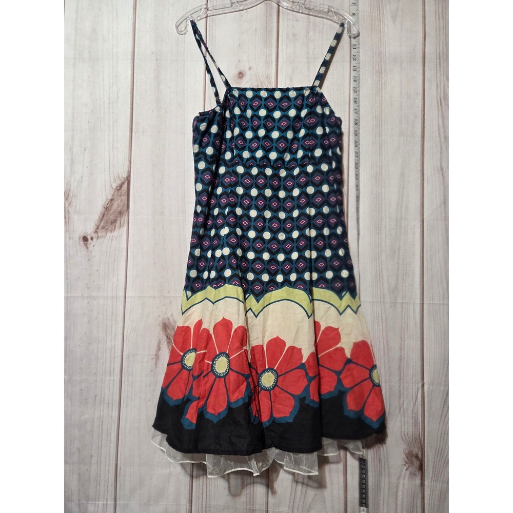 Funky People M Blue Red Floral Print Square Neck Spaghetti Strap A-Line Dress